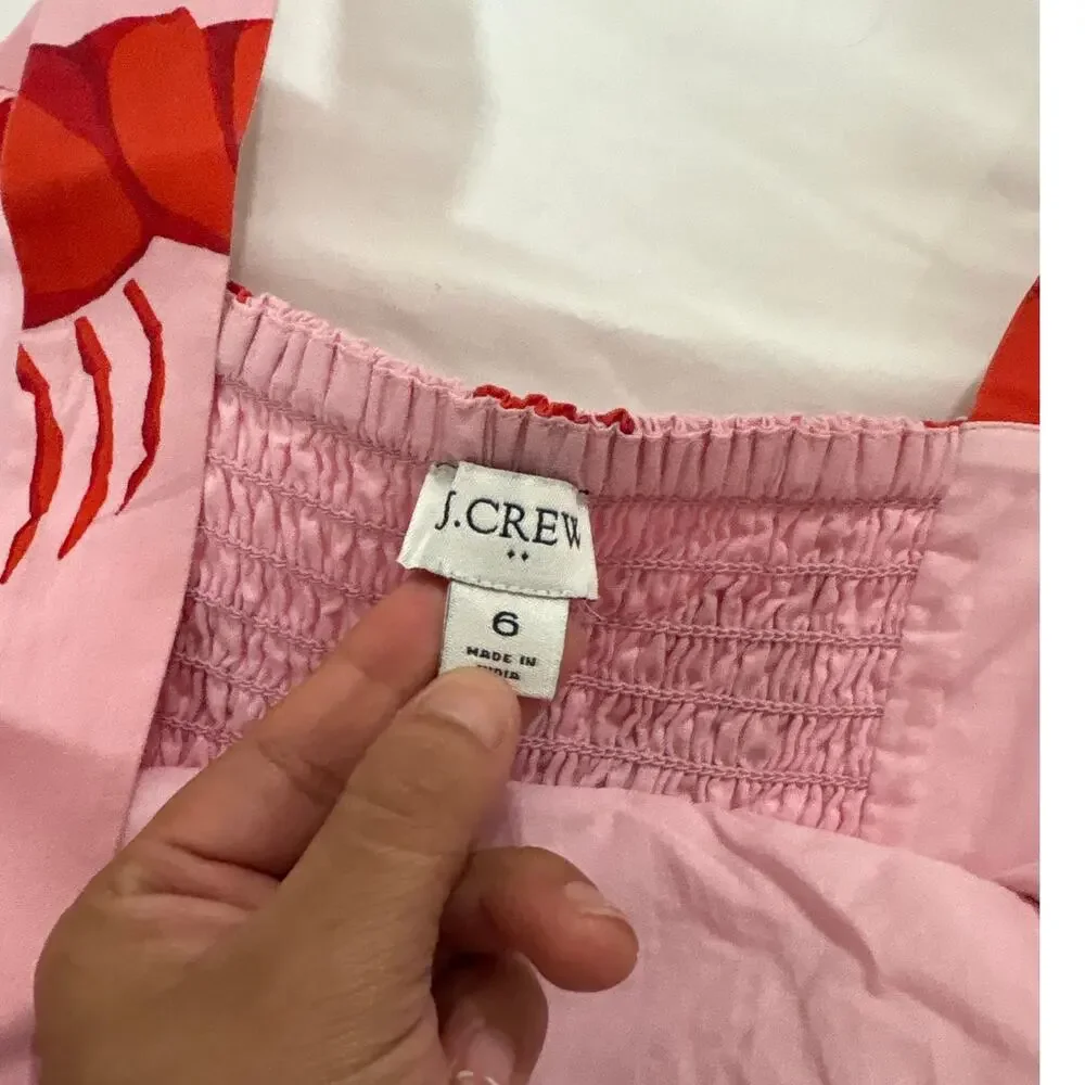 J.Crew Womens 6 Pink Red Lobster Print Tiered Midi Dress Vacation Girly Beachy